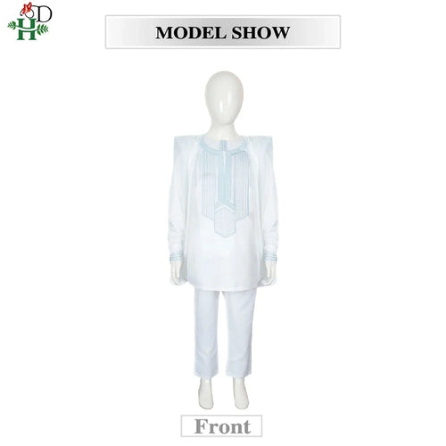 Boys White Blue Long Sleeve Tops Embroidery Dashiki Robe Shirt And Pant Set 3 PCS
