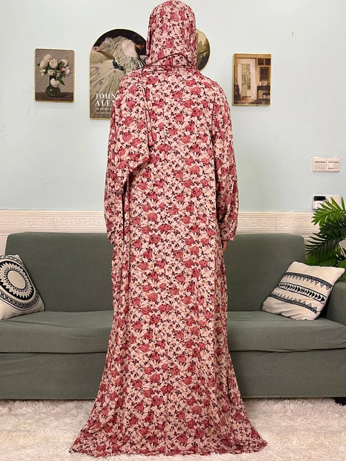 Women's Traditional Floral Ramadan Muslim Cotton Abayas Garment with attached Headscarf
