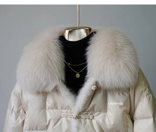Women's White Duck down Jacket 2025 Winter Collection Real Faux Fur Collar Hair Puffer Coat Vintage Street wear