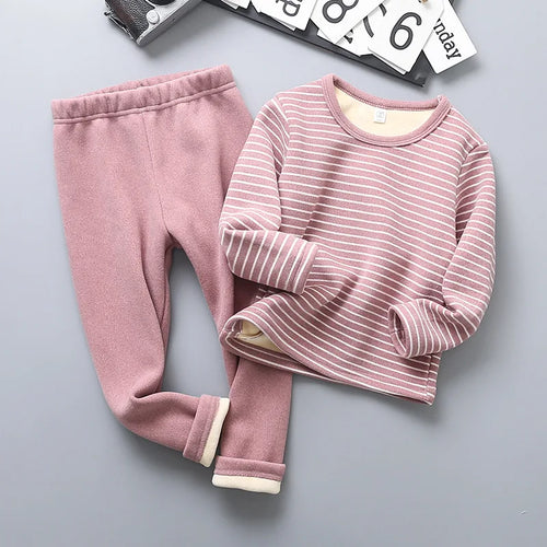 Children's Fleece Lined Thermal Underwear Set Boys Girls Stripe Design Thickened Unisex Autumn Thermal Pajamas 4-6 Years
