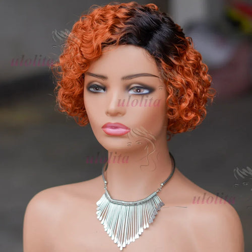 Ombre Blonde T1B27Pixie Cut Short Curly Bob Side Part Non Lace Front 100%