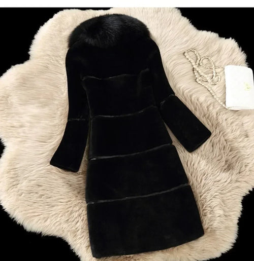 Women's Elegant Imitation Faux Fur Collar Warm Coat Fashion Plush V-Neck Button Detail