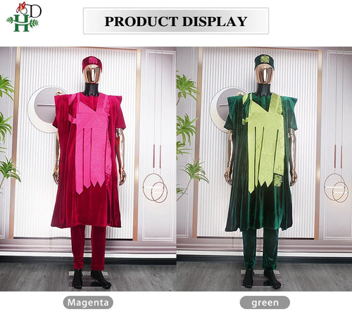 African Clothes for Men Clothing High-Quality Pink Embroidery With Hat Flannelette 3 Pcs Set