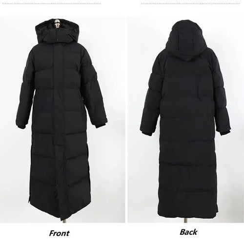 Women's Thickened Padded Cotton Parka Over-The-Knee Long Black down Coat Winter Warm Fashion Zipper Closure Slim Fit Female Jacket