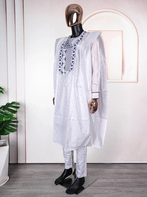 African Clothes for Men Traditional Rich Bazin Original Embroidery White Clothing Men 3 PCS Set Wedding Party Occasion 2024