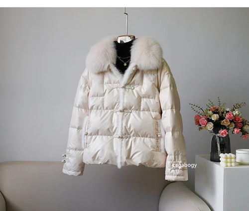 Women's White Duck down Jacket 2025 Winter Collection Real Faux Fur Collar Hair Puffer Coat Vintage Street wear