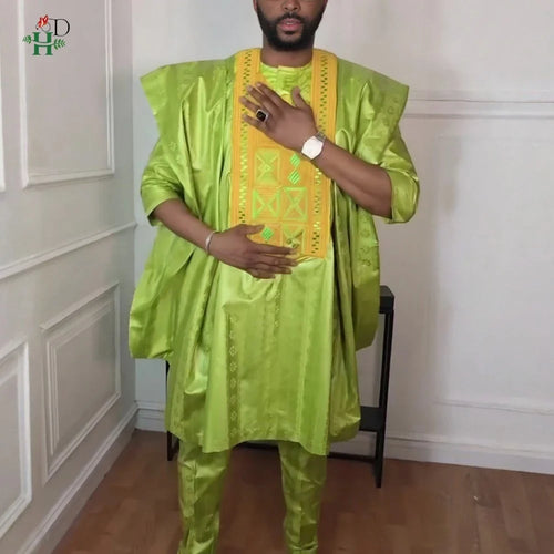 H&D African Clothing For Man Traditional Agbada Sets 3PCS Green Bazin Riche Shirt Pant Embroidery Wedding Party Suits Plus Size