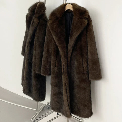 Women's Long Faux Fur Jacket European Style Lapel Casual Coat Eco-Friendly Covered Button Loose Fit Winter Warm