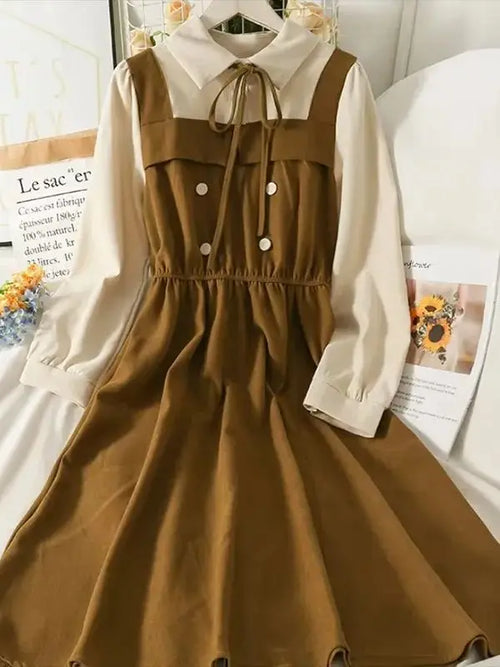 Vintage Patchwork Women's Dress High Waist A-Line Mid-Calf Spring Long-Sleeved