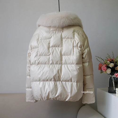 Women's White Duck down Jacket 2025 Winter Collection Real Faux Fur Collar Hair Puffer Coat Vintage Street wear