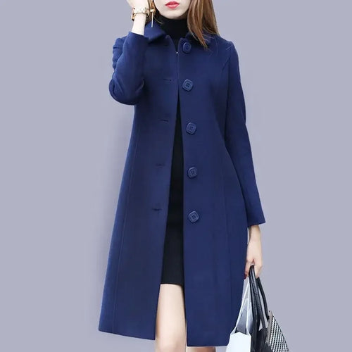 Women's Medium-Length Slimming Woolen Overcoat Autumn Winter plus Sizes Smooth Silhouette Single Breasted Button Closure