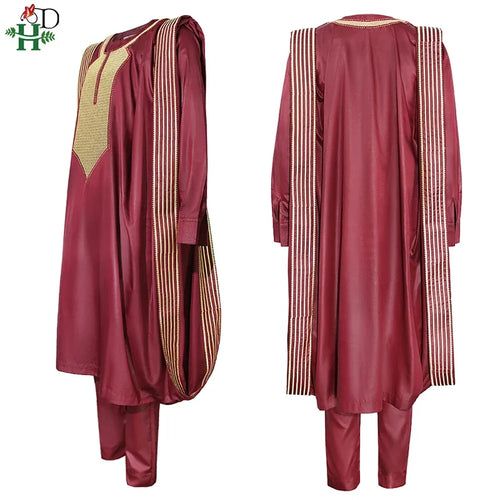 H&D African Agbada Suit For Men Embroidered Robes Dashiki Cover Shirt Pants 3 PCS Set Boubou Africain Homme Musulman Ensembles