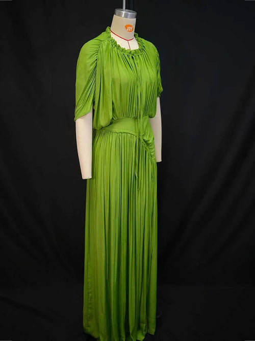 Elegant Olive Green Dress for Women Maxi Summer Dress Waist Draped Straight Type Pleated Party Dress Wholesale Dropshipping