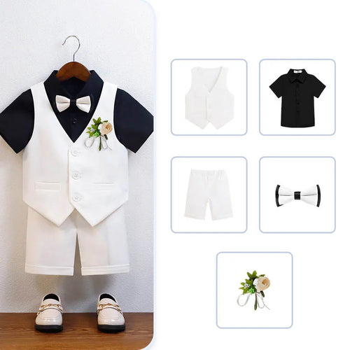 Children Green White Baptism Photography Suit Kids Vest Shirt Shorts Bowtie