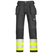 Snickers 3235 High-Vis Holster Pocket Cotton Trousers, Black/Hi-Vis Yellow Waist 28" Leg 32"