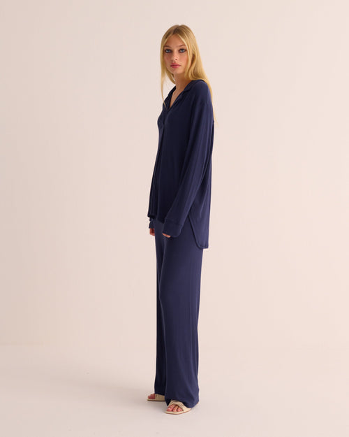 Navy Oversized Retro Ribbed Soft Modal Hero Shirt and Wide Leg Jogger Set