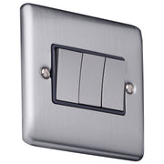 Caradok 3 gang 2 way plate switch Brushed Chrome, Metal Switch, Grey Insert