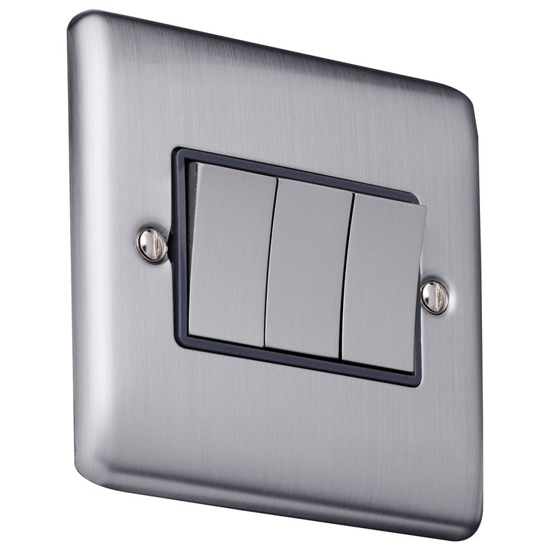 Caradok 3 gang 2 way plate switch Brushed Chrome, Metal Switch, Grey Insert
