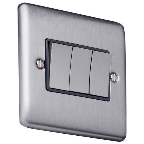Caradok 3 gang 2 way plate switch Brushed Chrome, Metal Switch, Grey Insert