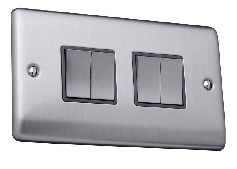 Caradok 4 gang 2 way plate switch Brushed Chrome, Metal Switch, Grey Insert
