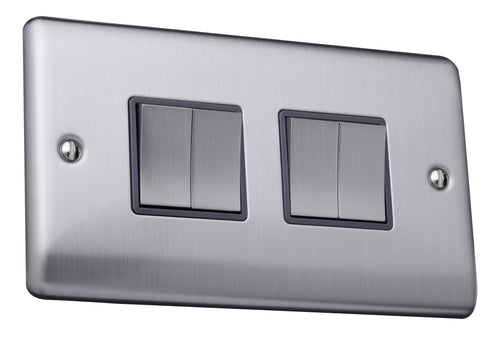 Caradok 4 gang 2 way plate switch Brushed Chrome, Metal Switch, Grey Insert