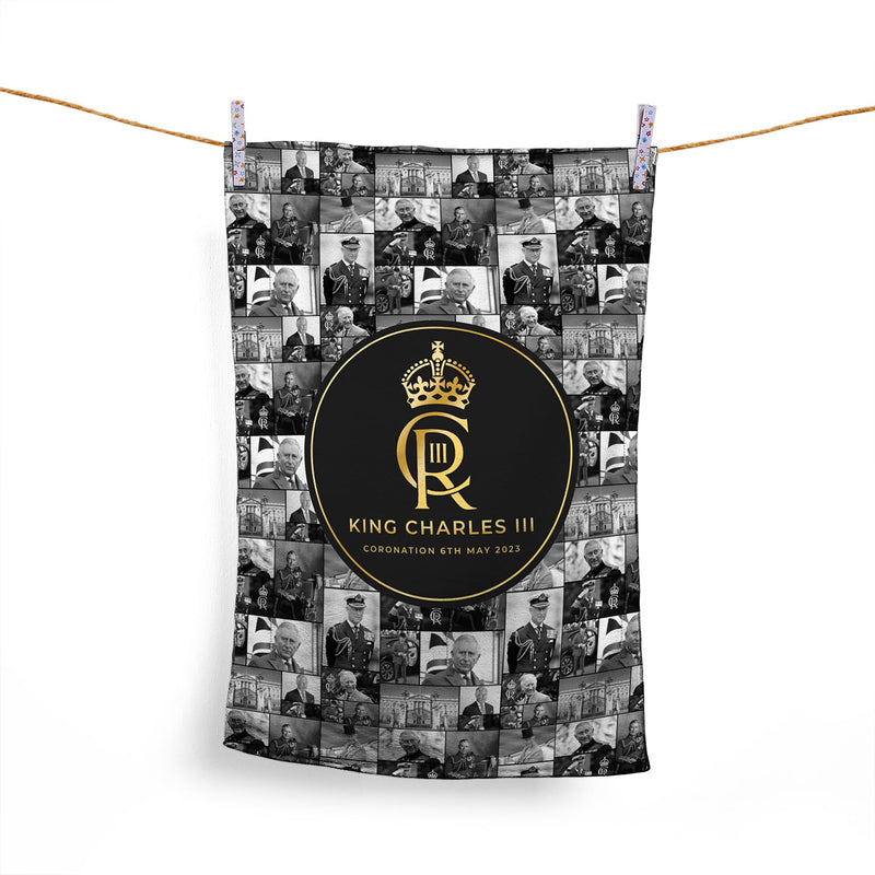 King Charles Coronation - B&W Collage - Lightweight, Microfibre Tea Towel