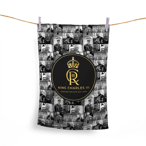 King Charles Coronation - B&W Collage - Lightweight, Microfibre Tea Towel
