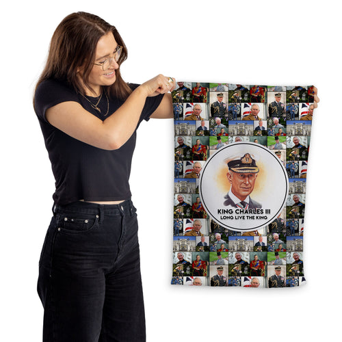 King Charles Coronation - Collaged Photos - Lightweight, Microfibre Tea Towel