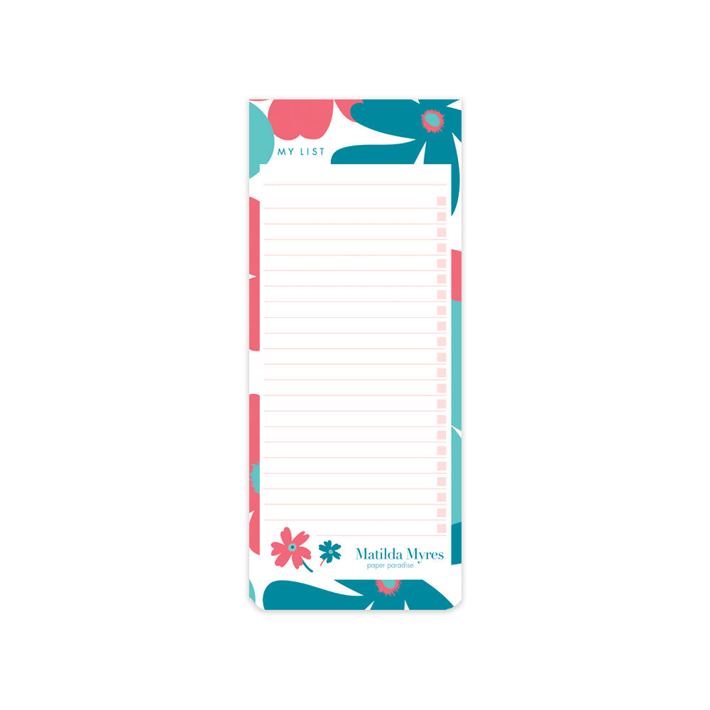 Matilda Myres | Slim List Pad with Magnetic Strip | Teal Floral