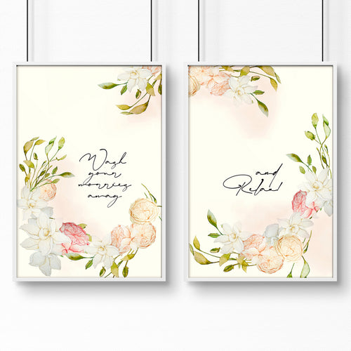 Bathroom art prints | Set of 2 Pink blooms wall art