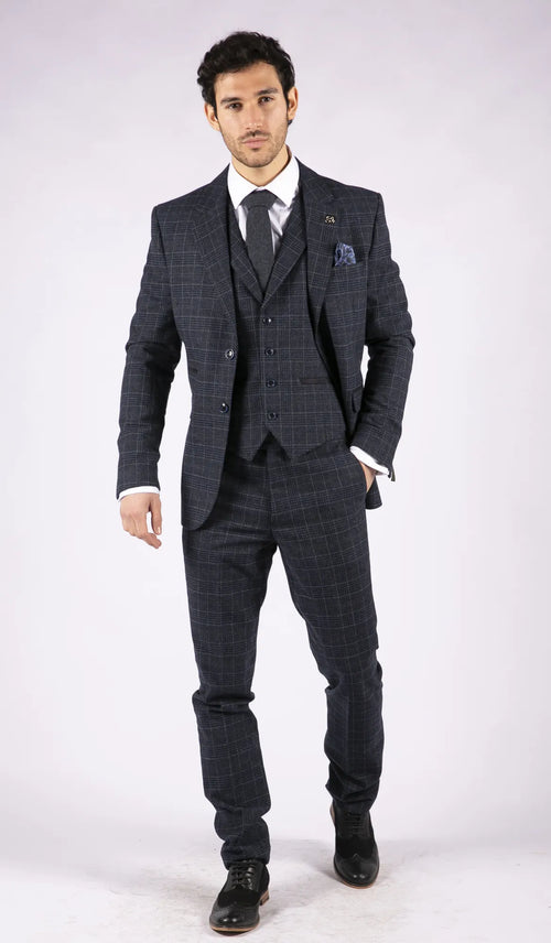 AK-13 - Men's Tweed 3 Piece Suit Blue Check 1920s Gatsby Blinders