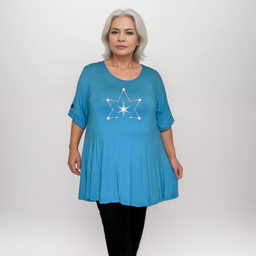 Double Star Plus-Size Button Sleeve Swing Top