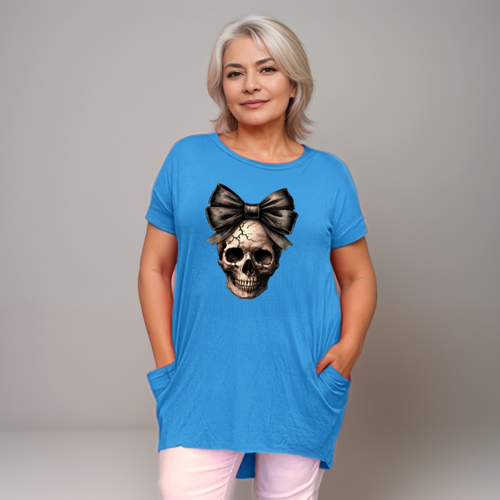 Long Skull with Bow T-Shirt with Side Pockets