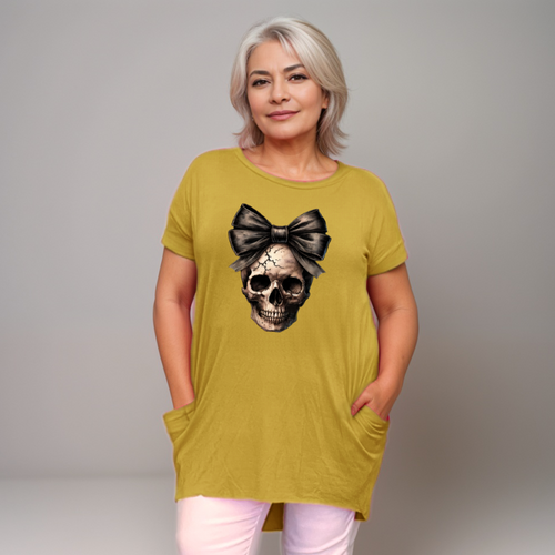 Long Skull with Bow T-Shirt with Side Pockets
