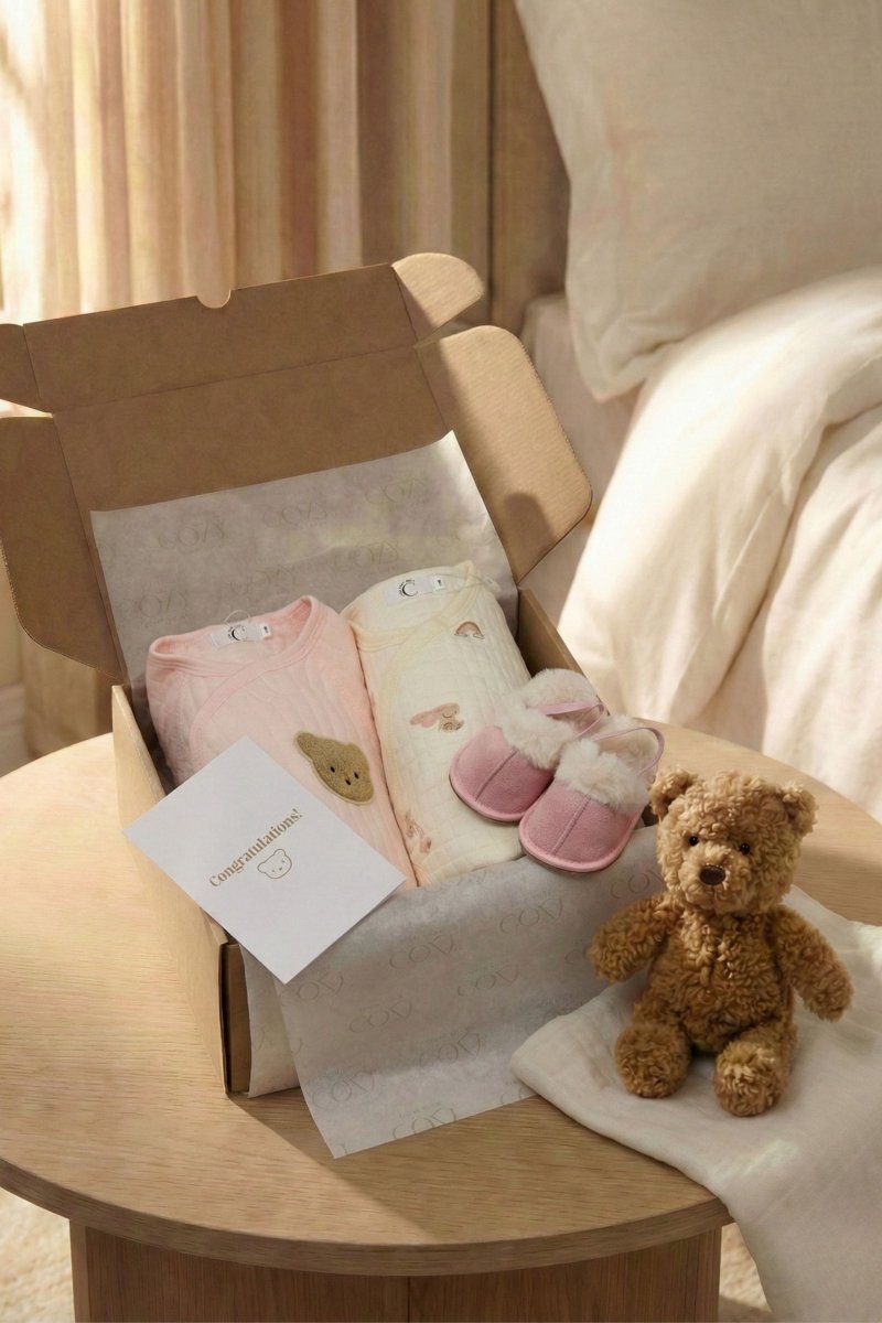 The Cozy Pink Boucle Baby Bear & Rainbow Personalised Gift Box