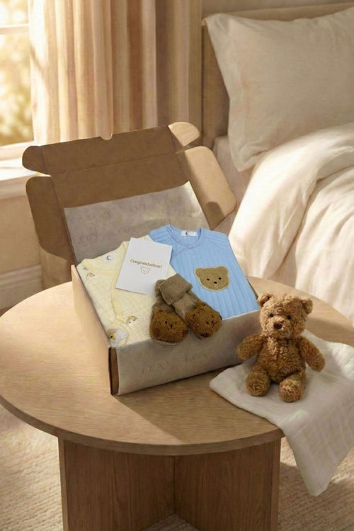 The Cozy Blue Boucle Baby Bear & Blue Rainbow Personalised Gift Box