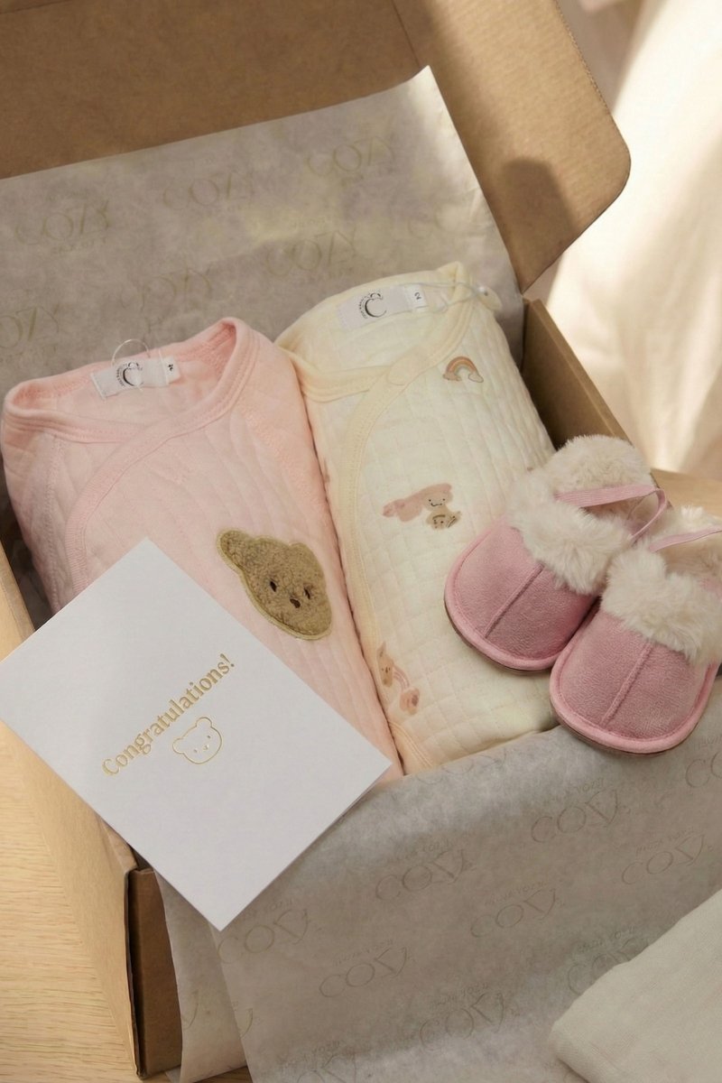 The Cozy Pink Boucle Baby Bear & Rainbow Personalised Gift Box