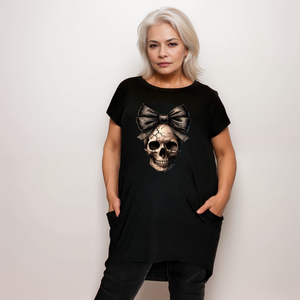 Long Skull with Bow T-Shirt with Side Pockets