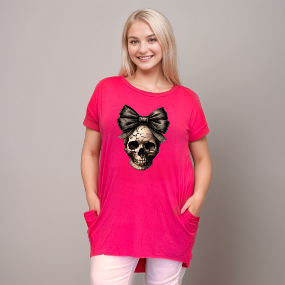 Long Skull with Bow T-Shirt with Side Pockets