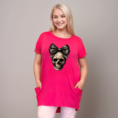Long Skull with Bow T-Shirt with Side Pockets