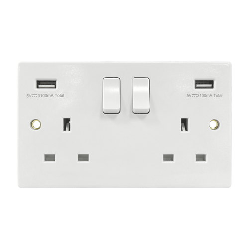 Caradok 2G 13A Switched Socket 2 USB A Squared Edge