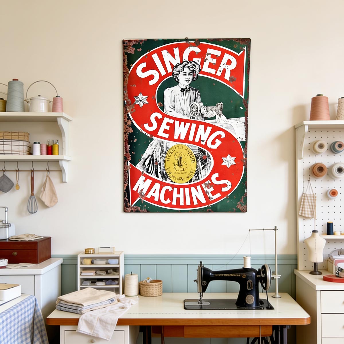 Vintage Singer Sewing Machine Metal Wall Sign
