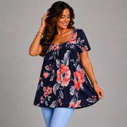 Navy Red Floral Short Sleeve A-Line Smock Top