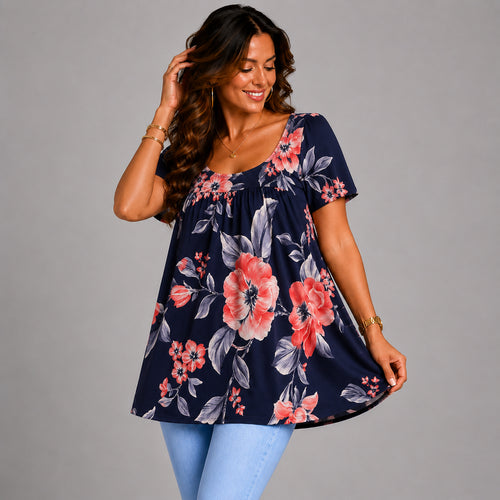 Navy Red Floral Short Sleeve A-Line Smock Top