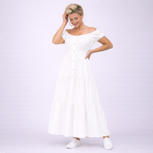 Off Shoulder Elastic Waist Gypsy Style Maxi Dress