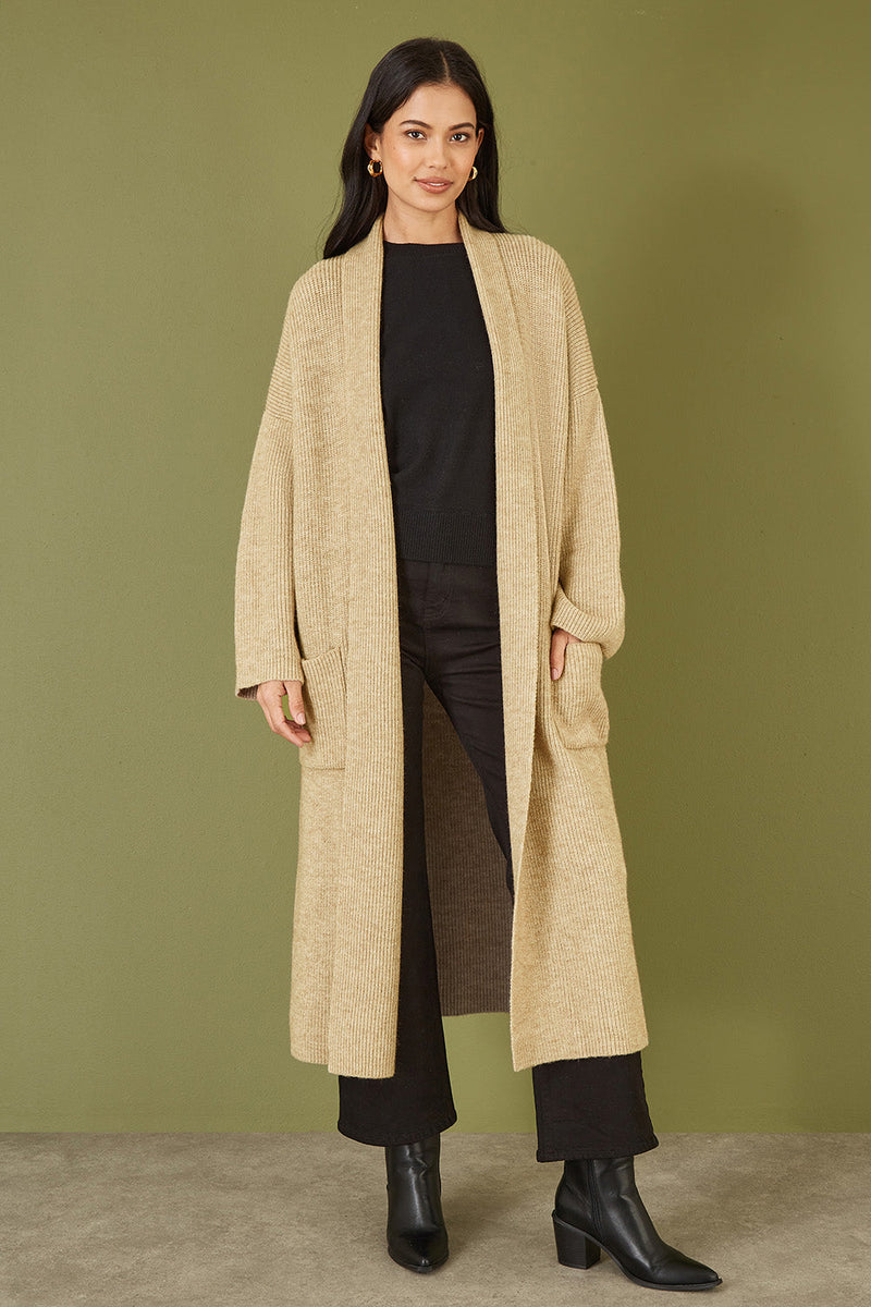 Yumi Oatmeal Knitted Maxi Cardigan With Pockets