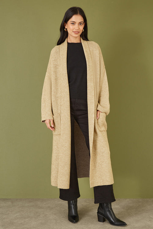 Yumi Oatmeal Knitted Maxi Cardigan With Pockets