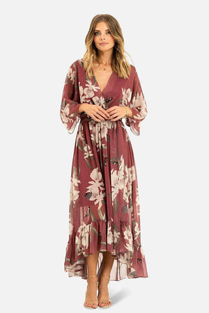 Rose Pink Floral Kimono Sleeves Dip Hem Wrap Midi Dress