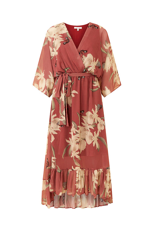 Rose Pink Floral Kimono Sleeves Dip Hem Wrap Midi Dress