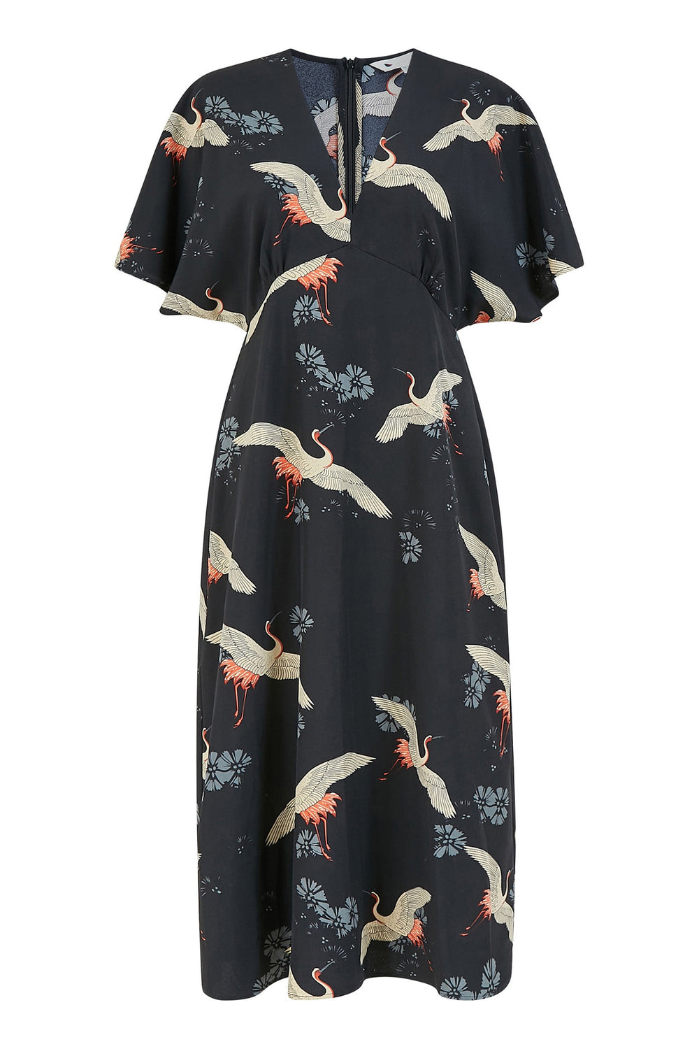 Black Crane Print Kimono Midi Dress